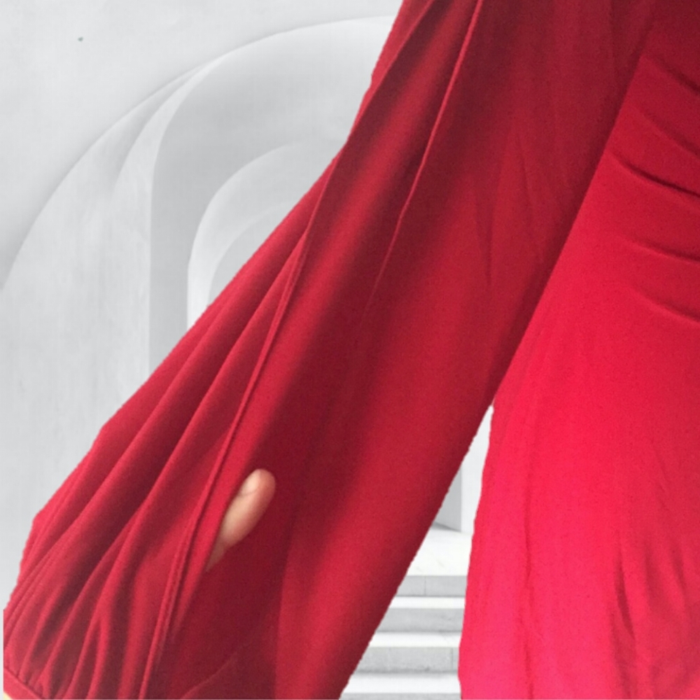 CHAPS Med RED STRETCH DRESS OPEN ARM SLIT LONG SLEEVE women asymetrical neckline - Picture 5 of 7
